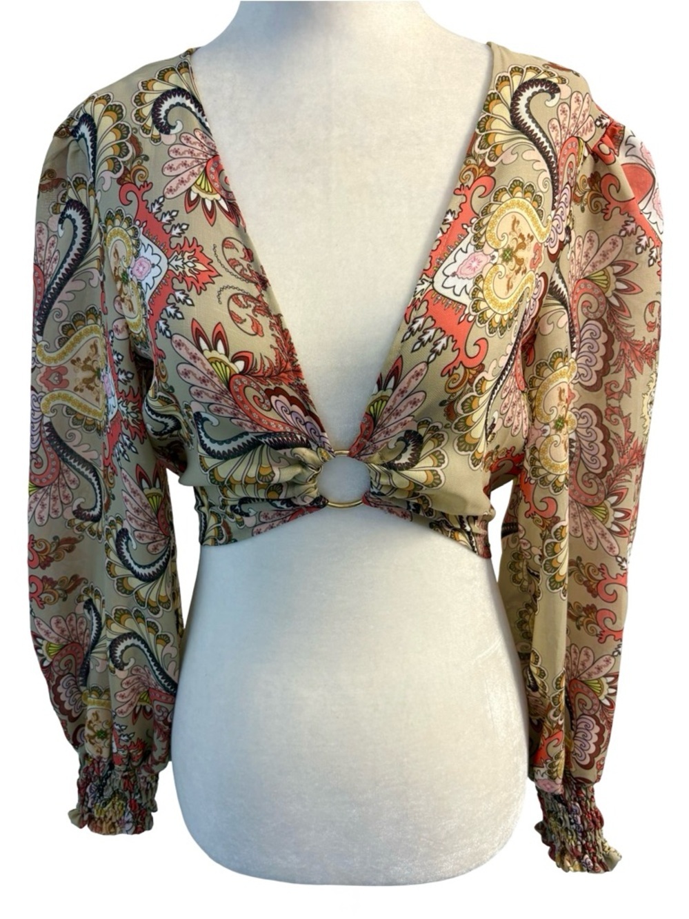 Boho Paisley Ring Front Crop Top Lightweight & Flowy Y2K Size Small Cut Out Top - Picture 4 of 14